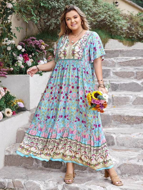 plus-size-printed-tie-neck-flutter-sleeve-maxi-dress OhSoStyled - Sophia's Style-1